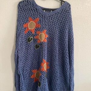 Blue Knit Sweater with Sunflower Design